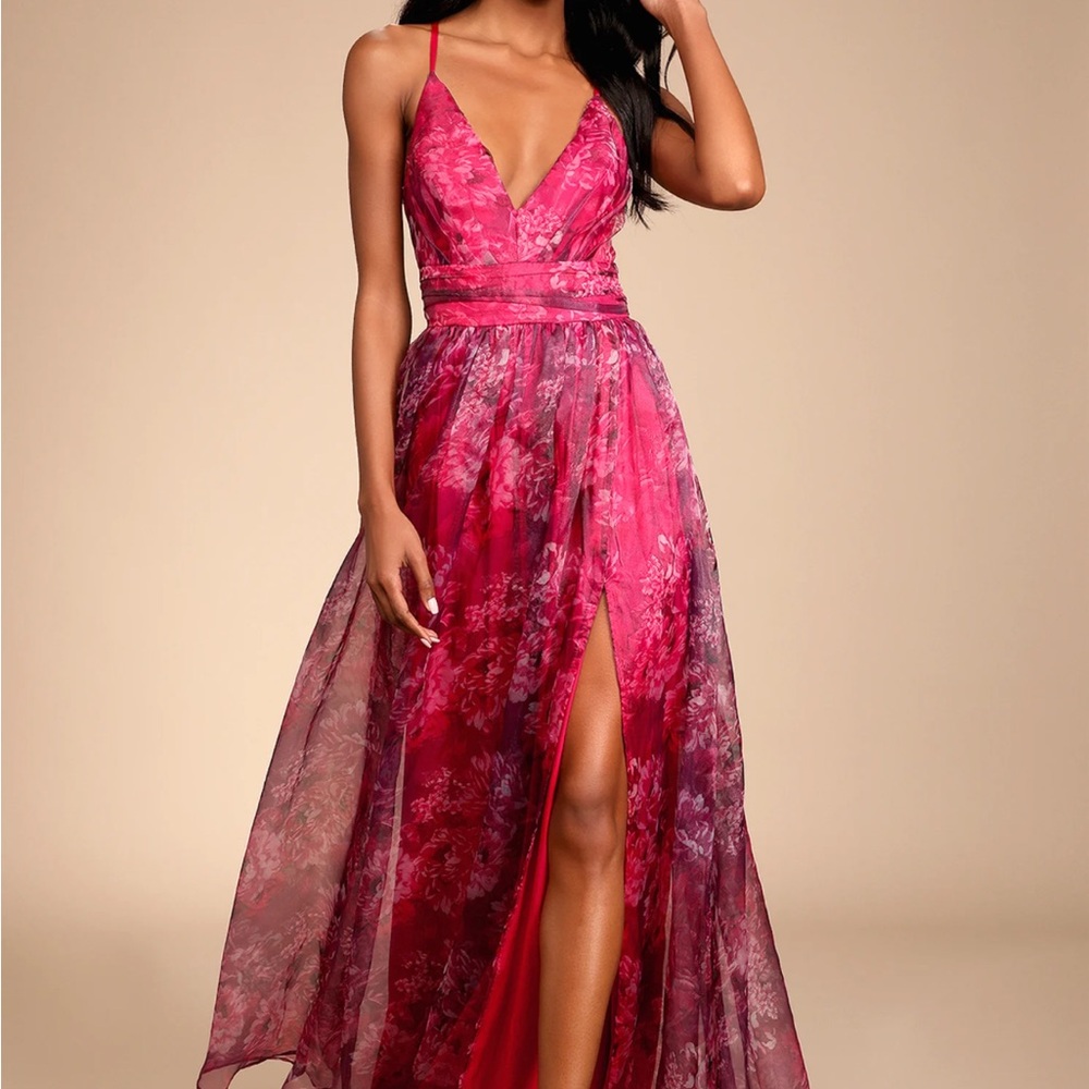 Lulu’s Romance That Wows Magenta Floral Print Organza Maxi Dress XS